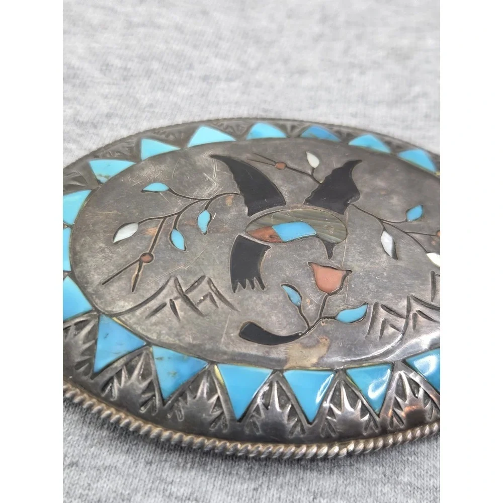 Navajo Benjamin Becenti Sterling Silver Turquoise Inlay Hummingbird Belt Buckle